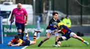 7 March 2024; Ted Duke of The High School is tackled by Giovanni Nostro of St Fintan's High School during the Bank of Ireland Vinnie Murray Cup final match between St Fintan's High School and The High School at Energia Park in Dublin. Photo by Tyler Miller/Sportsfile