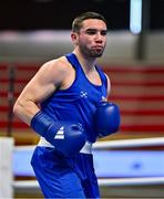 7 March 2024; Salvador Flores Luque of Spain during their Men's 63.5kg Round of 32 bout against Ahmed Azam Shehzad of Afghanistan during day five at the Paris 2024 Olympic Boxing Qualification Tournament at E-Work Arena in Busto Arsizio, Italy. Photo by Ben McShane/Sportsfile