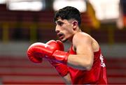 7 March 2024; Ahmed Azam Shehzad of Afghanistan during their Men's 63.5kg Round of 32 bout against Salvador Flores Luque of Spain during day five at the Paris 2024 Olympic Boxing Qualification Tournament at E-Work Arena in Busto Arsizio, Italy. Photo by Ben McShane/Sportsfile
