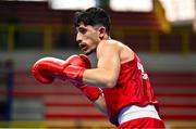 7 March 2024; Ahmed Azam Shehzad of Afghanistan during their Men's 63.5kg Round of 32 bout against Salvador Flores Luque of Spain during day five at the Paris 2024 Olympic Boxing Qualification Tournament at E-Work Arena in Busto Arsizio, Italy. Photo by Ben McShane/Sportsfile