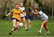 7 March 2024; Claudia Gonley of DCU Dochas Eireann in action against Ellie Nugent of Ulster University during the 2024 Ladies HEC Lagan Cup final match between DCU Dochas Eireann and Ulster University, Belfast at MTU Cork. Photo by Stephen Marken/Sportsfile