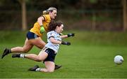 7 March 2024; Sadie McCusker of Ulster University in action against Claire Rigney of DCU Dochas Eireann during the 2024 Ladies HEC Lagan Cup final match between DCU Dochas Eireann and Ulster University, Belfast at MTU Cork. Photo by Stephen Marken/Sportsfile