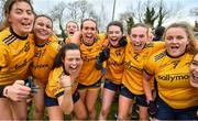 7 March 2024; DCU Dochas Eireann players celebrate after their side's victory in the 2024 Ladies HEC Lagan Cup final match between DCU Dochas Eireann and Ulster University, Belfast at MTU Cork. Photo by Stephen Marken/Sportsfile