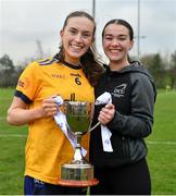 7 March 2024; Hannah McHugh, left, and Ellie Barron of DCU Dochas Eireann after their side's victory in the 2024 Ladies HEC Lagan Cup final match between DCU Dochas Eireann and Ulster University, Belfast at MTU Cork. Photo by Stephen Marken/Sportsfile