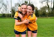 7 March 2024; Hannah McHugh, left, and Megan Moynagh of DCU Dochas Eireann celebrate after their side's victory in the 2024 Ladies HEC Lagan Cup final match between DCU Dochas Eireann and Ulster University, Belfast at MTU Cork. Photo by Stephen Marken/Sportsfile