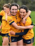 7 March 2024; Megan Moynagh, left, and Catherine Ahearne of DCU Dochas Eireann celebrate after their side's victory in the 2024 Ladies HEC Lagan Cup final match between DCU Dochas Eireann and Ulster University, Belfast at MTU Cork. Photo by Stephen Marken/Sportsfile