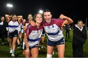 7 March 2024; Marie Breslin, left, and Clodagh Keane of University of Limerick celebrate after their side's victory in the 2024 Ladies HEC Donaghy Cup final match between Maynooth University and University of Limerick at MTU Cork. Photo by Stephen Marken/Sportsfile