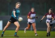 7 March 2024; Sadhbh Fisher of Maynooth University has a shot on goal during the 2024 Ladies HEC Donaghy Cup final match between Maynooth University and University of Limerick at MTU Cork. Photo by Stephen Marken/Sportsfile
