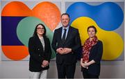 7 March 2024; Panelist, from left, former Irish Rugby international and All-Ireland winner with Dublin Lindsay Peat, Minister of State at the Department of Tourism, Culture, Arts, Gaeltacht, Sport and Media Thomas Byrne TD, and World Rugby Council Member Su Carty, following an International Women’s Day panel hosted by William Fry at Grand Canal Dock in Dublin. Photo by Seb Daly/Sportsfile