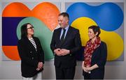 7 March 2024; Panelist, from left, former Irish Rugby international and All-Ireland winner with Dublin Lindsay Peat, Minister of State at the Department of Tourism, Culture, Arts, Gaeltacht, Sport and Media Thomas Byrne TD, and World Rugby Council Member Su Carty, following an International Women’s Day panel hosted by William Fry at Grand Canal Dock in Dublin. Photo by Seb Daly/Sportsfile