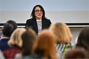 7 March 2024; Speaking at an International Women’s Day panel hosted by William Fry at Grand Canal Dock in Dublin is former Irish Rugby international and All-Ireland winner with Dublin Lindsay Peat. Photo by Seb Daly/Sportsfile