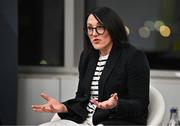 7 March 2024; Speaking at an International Women’s Day panel hosted by William Fry at Grand Canal Dock in Dublin is former Irish Rugby international and All-Ireland winner with Dublin Lindsay Peat. Photo by Seb Daly/Sportsfile