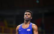 7 March 2024; Omari Jones of USA after their Men's 71kg Round of 32 bout against Mohamed Rachem of Belgium during day five at the Paris 2024 Olympic Boxing Qualification Tournament at E-Work Arena in Busto Arsizio, Italy. Photo by Ben McShane/Sportsfile