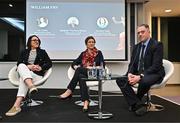 7 March 2024; Speaking at an International Women’s Day panel hosted by William Fry at Grand Canal Dock in Dublin are, from right, Minister of State at the Department of Tourism, Culture, Arts, Gaeltacht, Sport and Media Thomas Byrne TD, World Rugby Council Member Su Carty and former Irish Rugby international and All-Ireland winner with Dublin Lindsay Peat. Photo by Seb Daly/Sportsfile