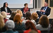 7 March 2024; Speaking at an International Women’s Day panel hosted by William Fry at Grand Canal Dock in Dublin are, from right, Minister of State at the Department of Tourism, Culture, Arts, Gaeltacht, Sport and Media Thomas Byrne TD, World Rugby Council Member Su Carty and former Irish Rugby international and All-Ireland winner with Dublin Lindsay Peat. Photo by Seb Daly/Sportsfile