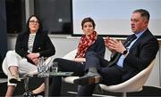 7 March 2024; Speaking at an International Women’s Day panel hosted by William Fry at Grand Canal Dock in Dublin are, from right, Minister of State at the Department of Tourism, Culture, Arts, Gaeltacht, Sport and Media Thomas Byrne TD, World Rugby Council Member Su Carty and former Irish Rugby international and All-Ireland winner with Dublin Lindsay Peat. Photo by Seb Daly/Sportsfile