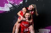 7 March 2024; Players, from left, Keri Loughrey, Jodie Loughrey and Emma Doherty during a Sligo Rovers FC squad portrait session at The Showgrounds in Sligo. Photo by Stephen McCarthy/Sportsfile