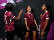 6 March 2024; Jodie Griffin, centre, with teammates Rola Olusola, left, and Eve Dossen during a Galway United FC squad portrait session at The Galmont Hotel in Galway. Photo by Seb Daly/Sportsfile