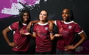 6 March 2024; Jodie Griffin, centre, with teammates Rola Olusola, left, and Eve Dossen during a Galway United FC squad portrait session at The Galmont Hotel in Galway. Photo by Seb Daly/Sportsfile