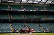 8 March 2024; England players huddle during an England rugby captain's run at Twickenham Stadium in London, England. Photo by Harry Murphy/Sportsfile