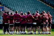 8 March 2024; England players huddle during an England rugby captain's run at Twickenham Stadium in London, England. Photo by Harry Murphy/Sportsfile