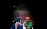 8 March 2024; Grainne Walsh of Ireland speaks with coach Damian Kennedy during her Women's 66kg Round of 32 bout against Stefanie Von Berge of Germany during day six at the Paris 2024 Olympic Boxing Qualification Tournament at E-Work Arena in Busto Arsizio, Italy. Photo by Ben McShane/Sportsfile