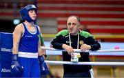 8 March 2024; Grainne Walsh of Ireland and coach Zaur Antia before her Women's 66kg Round of 32 bout against Stefanie Von Berge of Germany during day six at the Paris 2024 Olympic Boxing Qualification Tournament at E-Work Arena in Busto Arsizio, Italy. Photo by Ben McShane/Sportsfile