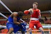 8 March 2024; Aliaksei Alfiorau of Individual Neutral Athletes, right, knocks out Kevin Boakye Schumann of Germany during their Men's 80kg Round of 32 bout during day six at the Paris 2024 Olympic Boxing Qualification Tournament at E-Work Arena in Busto Arsizio, Italy. Photo by Ben McShane/Sportsfile
