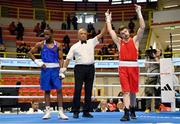 8 March 2024; Aliaksei Alfiorau of Individual Neutral Athletes, is declared victorious over Kevin Boakye Schumann of Germany after their Men's 80kg Round of 32 bout during day six at the Paris 2024 Olympic Boxing Qualification Tournament at E-Work Arena in Busto Arsizio, Italy. Photo by Ben McShane/Sportsfile