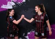 5 March 2024; Aoife Brophy, left, and Aoibhe Fleming during a Bohemians squad portrait session at DCU Sports Complex in Dublin. Photo by Piaras Ó Mídheach/Sportsfile