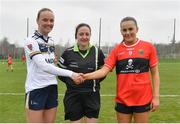 8 March 2024; Captains Ciara Brown of Ulster University, left, and University College Cork captain Kellyann Hogan with referee Sinead McHugh before the 2024 Ladies HEC O’Connor Cup semi-final match between University College Cork and Ulster University at MTU Cork. Photo by Stephen Marken/Sportsfile