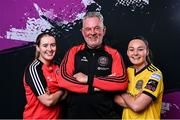 5 March 2024; Goalkeeping coach Dave Henderson with goalkeepers Medbh Ryan, left, and Rachel Kelly during a Bohemians squad portrait session at DCU Sports Complex in Dublin. Photo by Piaras Ó Mídheach/Sportsfile