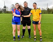 7 March 2024; From left, Mary Immaculate College captain Ella Donnellan with referee Maurice Mulcahy and DCU Dochas Eireann captain Louise Pearl before the 2024 Ladies HEC Cup final match between DCU Dochas Eireann and Mary Immaculate College at MTU Cork. Photo by Stephen Marken/Sportsfile