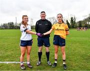 7 March 2024; Ulster University captain Carla McKenna, left, and referee Conor McCarthy, with DCU Dochas Eireann captain Hannah McHugh before the 2024 Ladies HEC Lagan Cup final match between DCU Dochas Eireann and Ulster University, Belfast at MTU Cork. Photo by Stephen Marken/Sportsfile