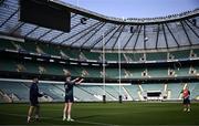 8 March 2024; Hookers Dan Sheehan, and Rónan Kelleher, left, with National scrum coach John Fogarty during an Ireland rugby captain's run at Twickenham Stadium in London, England. Photo by Harry Murphy/Sportsfile