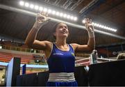 8 March 2024; Daina Moorehouse of Ireland celebrates after their victory in the Women's 50kg Round of 32 bout against Tayonis Cedeno of Venezuela during day six at the Paris 2024 Olympic Boxing Qualification Tournament at E-Work Arena in Busto Arsizio, Italy. Photo by Ben McShane/Sportsfile