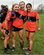 8 March 2024; University College Cork players, from left, Rosie Corkery, Bríd McMaugh, and Aine O'Neill after their side's victory in the 2024 Ladies HEC O’Connor Cup semi-final match between University College Cork and Ulster University at MTU Cork. Photo by Stephen Marken/Sportsfile