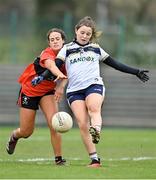 8 March 2024; Uainín Ní Chonghaile of Ulster University in action against Aine O'Neill of University College Cork during the 2024 Ladies HEC O’Connor Cup semi-final match between University College Cork and Ulster University at MTU Cork. Photo by Stephen Marken/Sportsfile