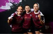 6 March 2024; Abbie Callanan, left, Kate Thompson, centre, and Aoibheann Costello during a Galway United FC squad portrait session at The Galmont Hotel in Galway. Photo by Seb Daly/Sportsfile
