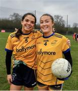 8 March 2024; Niamh Crowley, left, and Niamh Donlon of DCU Dóchas Éireann after their side's victory in the 2024 Ladies HEC O’Connor Cup semi-final match between DCU Dochas Eireann and TU Dublin at MTU Cork. Photo by Stephen Marken/Sportsfile