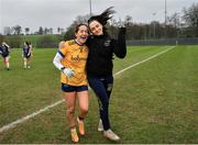 8 March 2024; Leah Fox, left, and Laoise Lenehan of DCU Dóchas Éireann after their side's victory in the 2024 Ladies HEC O’Connor Cup semi-final match between DCU Dochas Eireann and TU Dublin at MTU Cork. Photo by Stephen Marken/Sportsfile