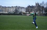 8 March 2024; Ireland supporter Joseph Feele plays on the cricket pitch before the U20 Six Nations Rugby Championship match between England and Ireland at The Recreation Ground in Bath, England. Photo by Harry Murphy/Sportsfile