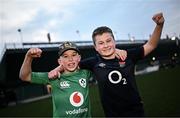 8 March 2024; Ireland supporter Joseph Feeley and England supporter Rocco Lernihan before the U20 Six Nations Rugby Championship match between England and Ireland at The Recreation Ground in Bath, England. Photo by Harry Murphy/Sportsfile