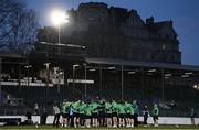 8 March 2024; Ireland players huddle on the pitch before the U20 Six Nations Rugby Championship match between England and Ireland at The Recreation Ground in Bath, England. Photo by Harry Murphy/Sportsfile