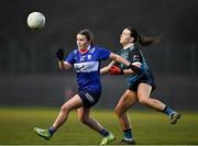 8 March 2024; Melanie Higgins of MTU Kerry in action against Michelle Cronin of Maynooth University during the 2024 Ladies HEC Giles Cup final match between Maynooth University and MTU Kerry at MTU Cork. Photo by Stephen Marken/Sportsfile