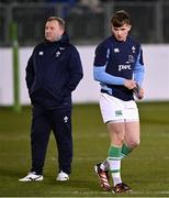 8 March 2024; Jack Murphy of Ireland and Ireland head coach Richie Murphy before the U20 Six Nations Rugby Championship match between England and Ireland at The Recreation Ground in Bath, England. Photo by Harry Murphy/Sportsfile