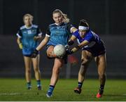 8 March 2024; Elaine Keogh of Maynooth University has a shot blocked by Becky Bryant of MTU Kerry during the 2024 Ladies HEC Giles Cup final match between Maynooth University and MTU Kerry at MTU Cork. Photo by Stephen Marken/Sportsfile