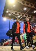 8 March 2024; Michael Duffy, left, and Daniel Kelly of Derry City before the SSE Airtricity Men's Premier Division match between Derry City and Waterford at The Ryan McBride Brandywell Stadium in Derry. Photo by Ramsey Cardy/Sportsfile