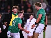 8 March 2024; Finn Treacy of Ireland celebrates with teammate Wilhelm De Klerk after scoring his side's first try during the U20 Six Nations Rugby Championship match between England and Ireland at The Recreation Ground in Bath, England. Photo by Harry Murphy/Sportsfile