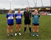 8 March 2024; From left, Caoimhe Evans, Danielle O'Leary of MTU Kerry, Referee Justin Murphy and Elaine Keogh of Maynooth University before the 2024 Ladies HEC Giles Cup final match between Maynooth University and MTU Kerry at MTU Cork. Photo by Stephen Marken/Sportsfile